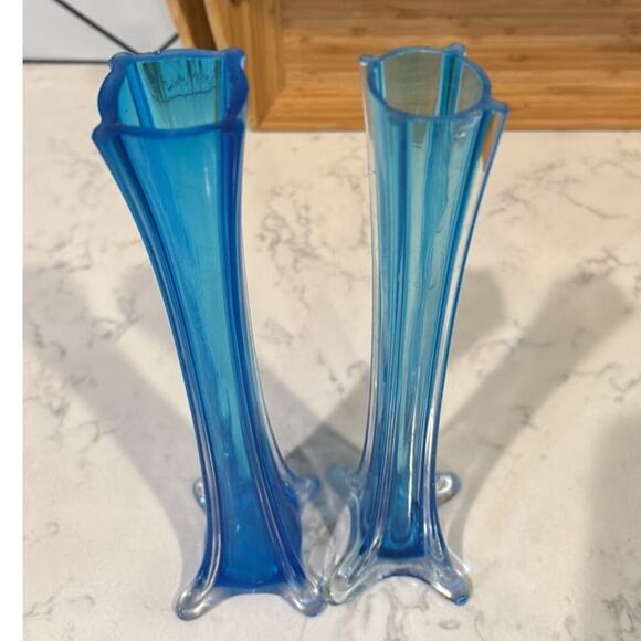 Vintage MCM Style Art Glass Vase Handblown Elephant Foot 11.5in Aqua Blue x2 - Picture 2 of 5